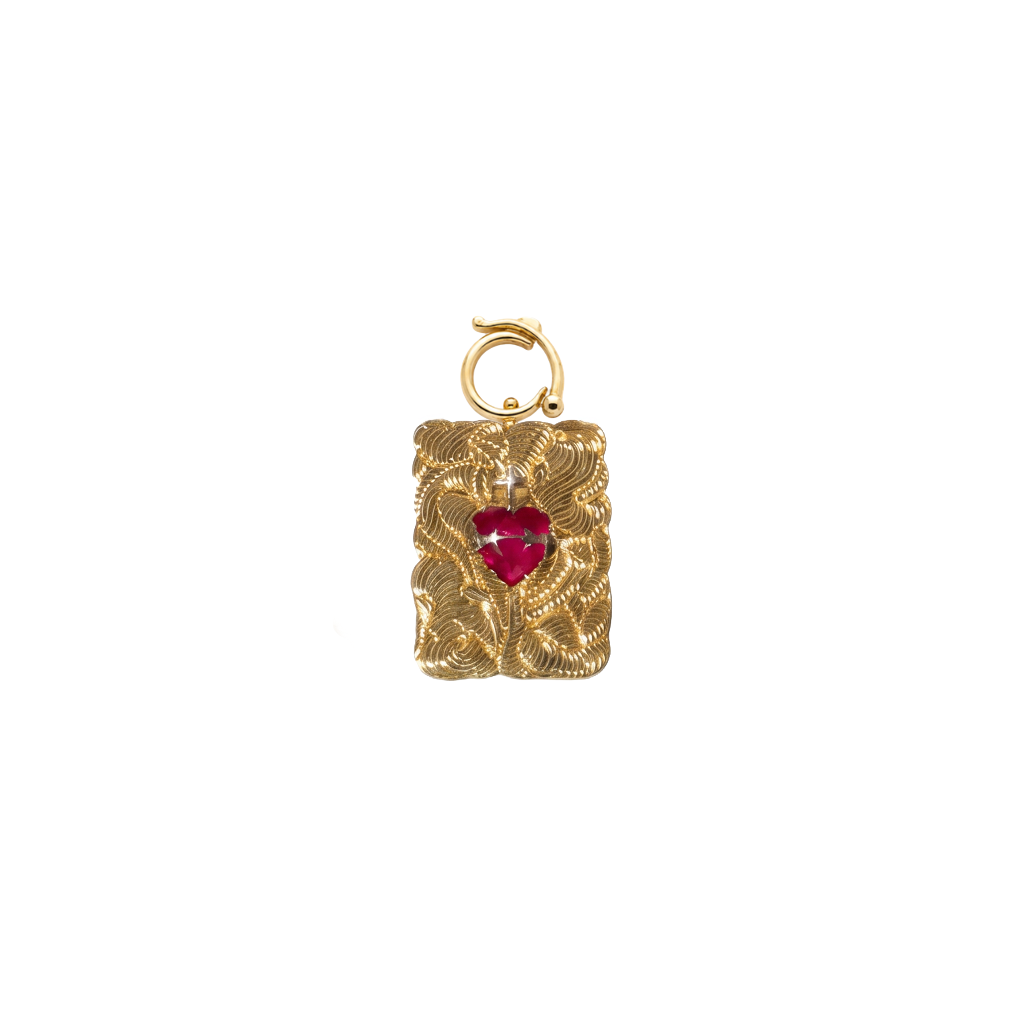 Pingente Chapa Textura com Coração de Maria em Espinélio Rosa em Ouro 18K