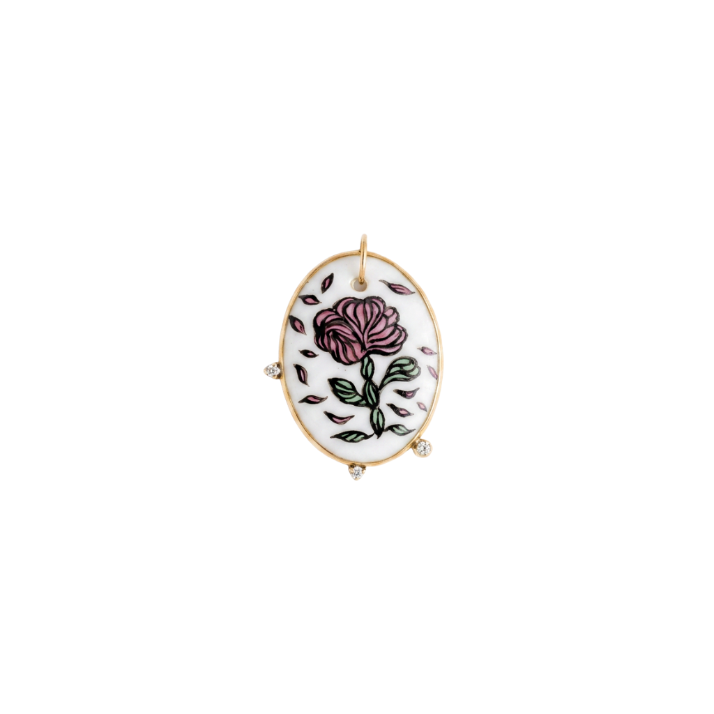 Medalha Porcelana Rosa Vermelha com Borda em Ouro 18K e Diamantes 1pt