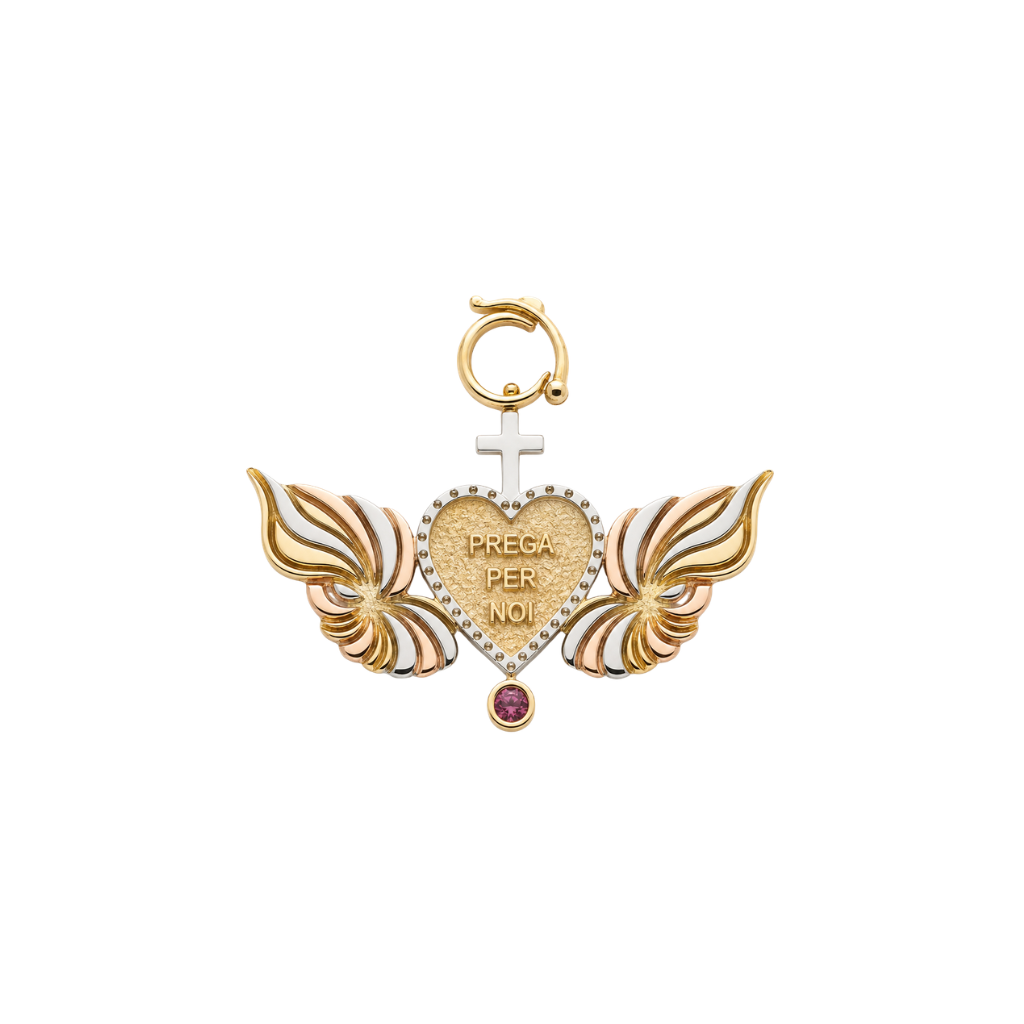 Pingente Coração Asa "Prega per noi" com Turmalina Rosa em Ouro 18K