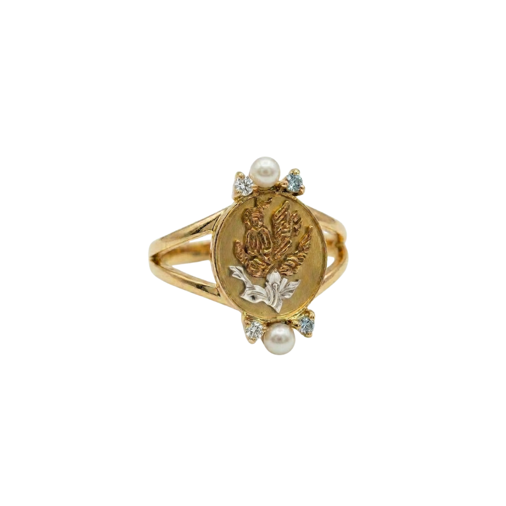 Anel Chapa de Flor com Pérolas Redondas e Topázios London em Ouro 18K