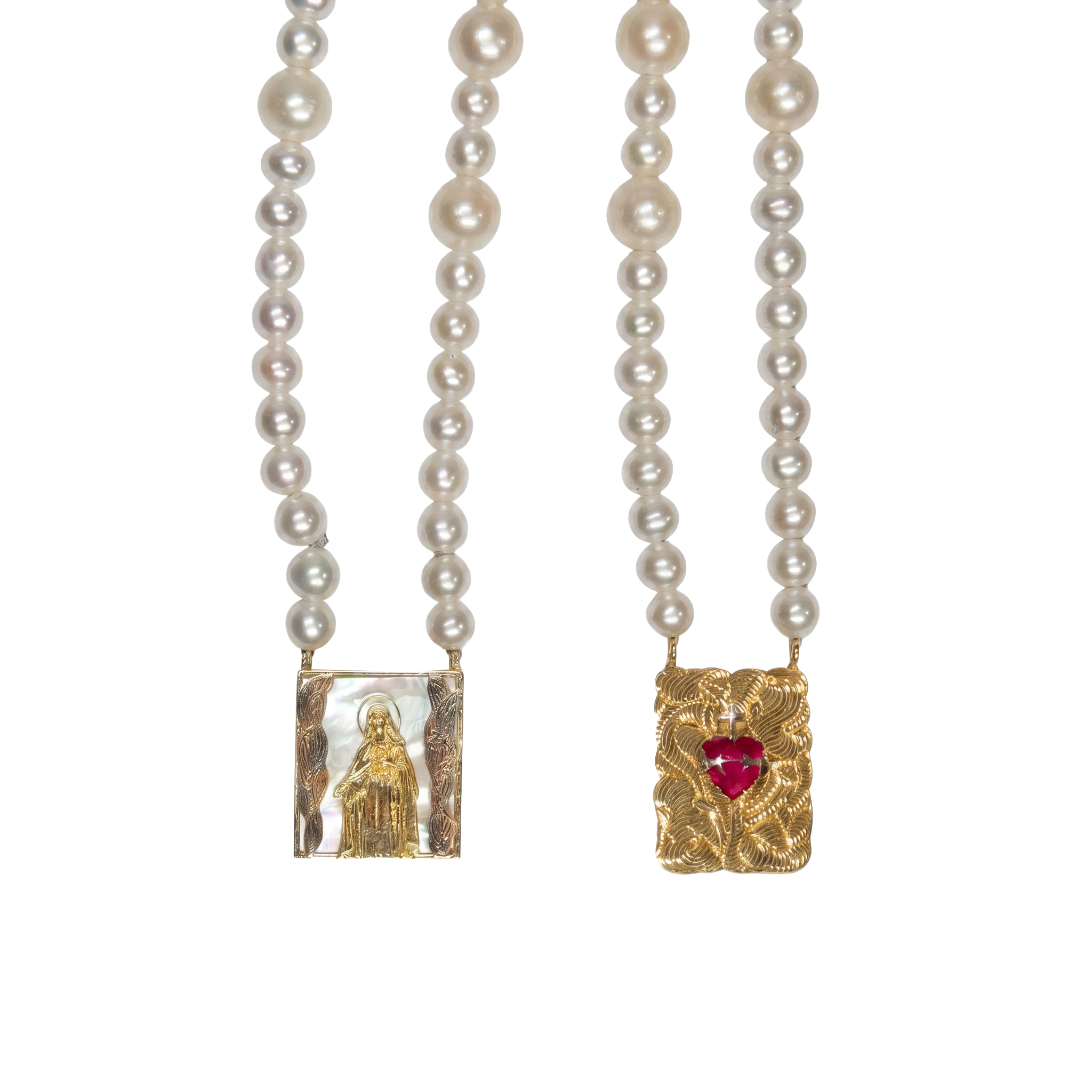 Colar Escapulário 65cm Nossa Senhora com Madrepérola, Pérolas Redondas e Espinélio Rosa em Ouro 18K